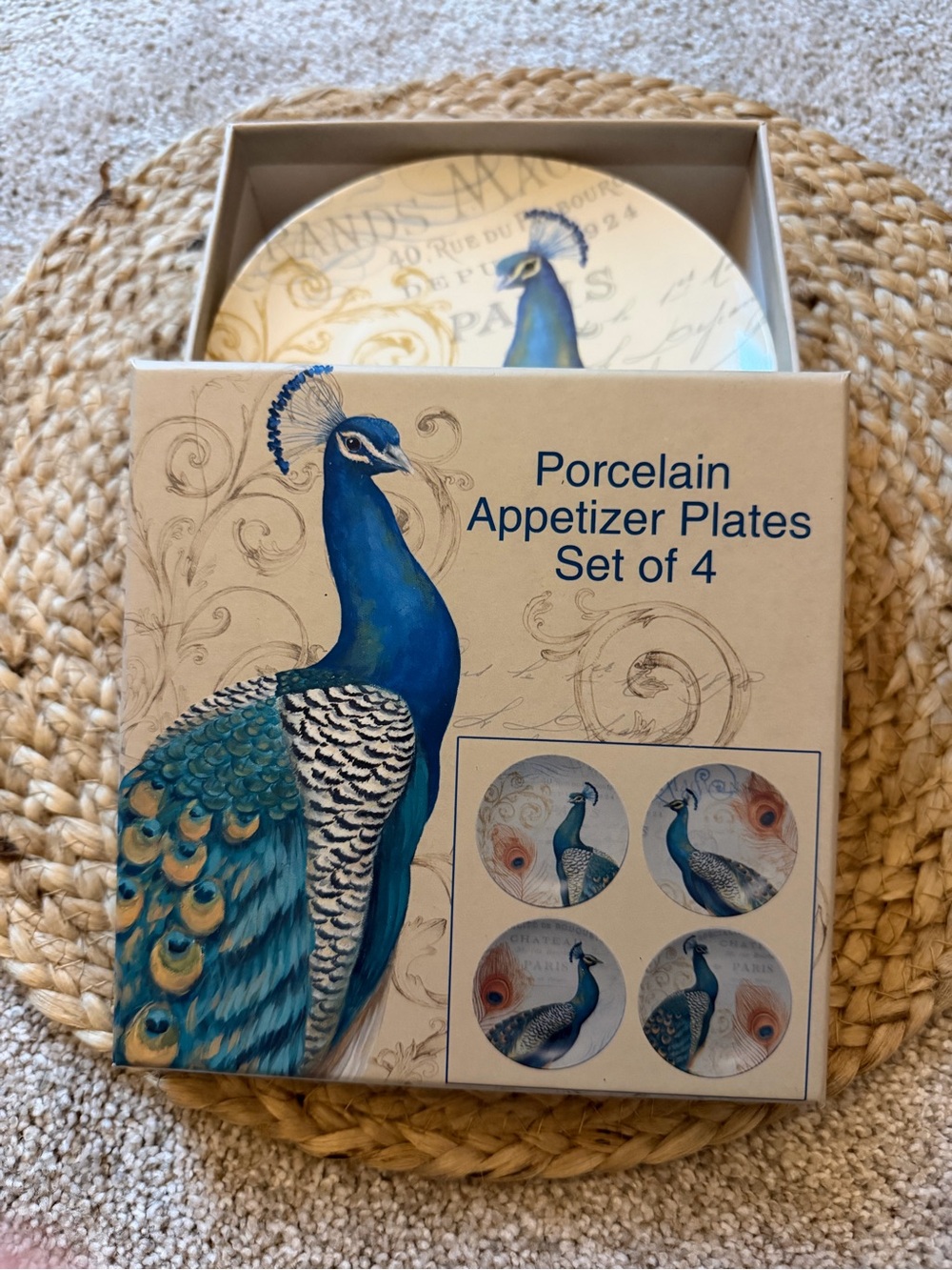 Cracker Barrel Porcelain Blue Peacock Appetizer Plates - Set of 4